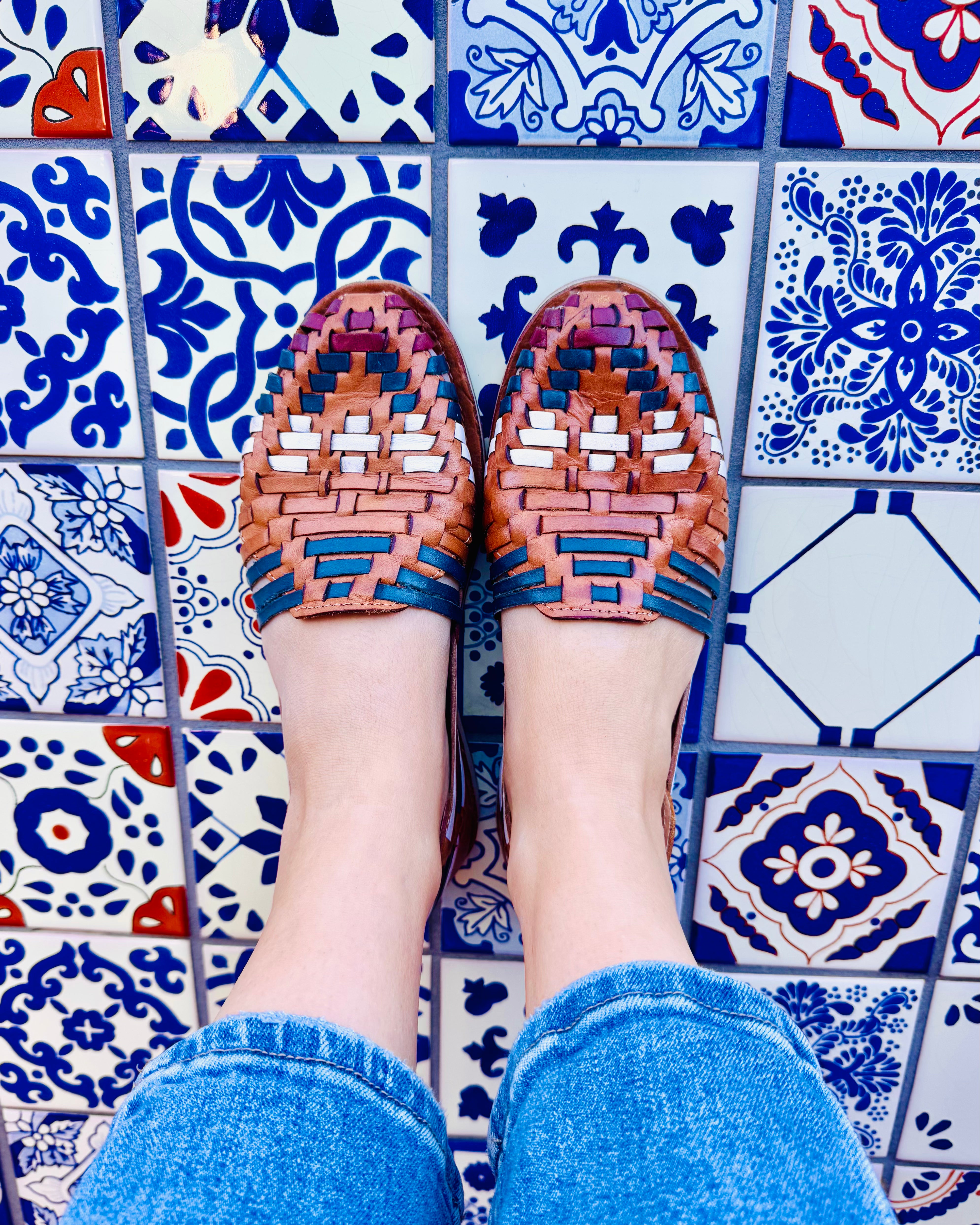 blue white and brown womens leather sandals