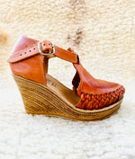 Load image into Gallery viewer, tan rose leather wedges
