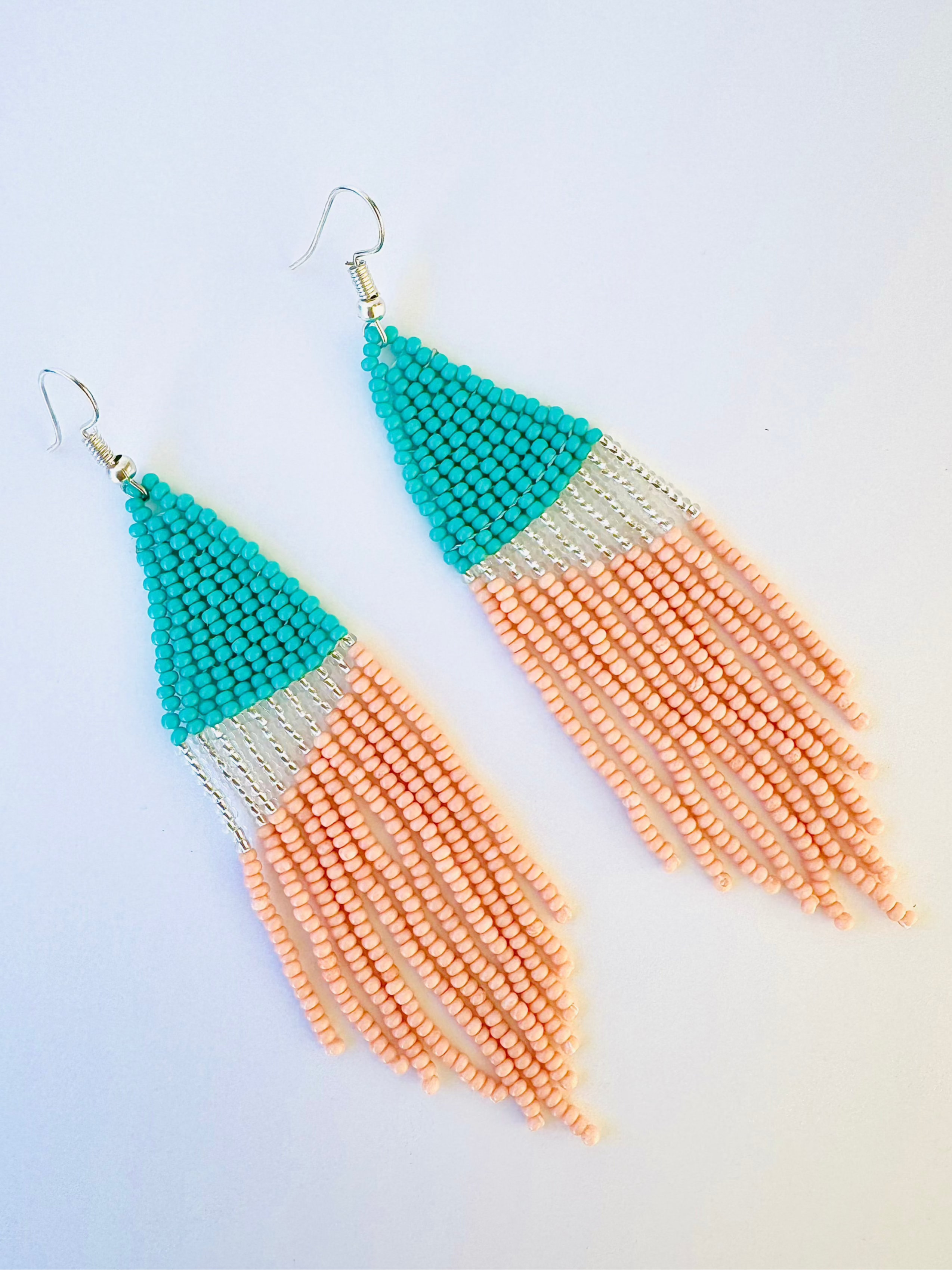 teal and silver and peach beaded earrings